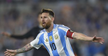 Argentina&#039;s Lionel Messi celebrates after scoring his side&#039;s fifth goal against Bolivia during a World Cup 2026 qualifying match at Monumental Stadium, Buenos Aires, Argentina, Oct. 15, 2024. (AP Photo)