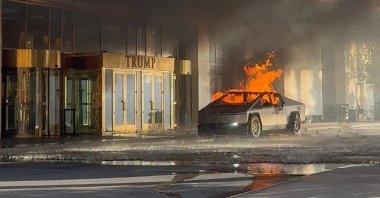 Flames rise from a Tesla Cybertruck after it exploded outside the Trump International Hotel Las Vegas, in Las Vegas, Nevada, U.S., Jan. 1, 2025. (Reuters Photo)