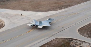 Türkiye&#039;s indigenously developed fifth-generation fighter jet, Kaan, is pictured on the day of its inaugural flight, Ankara, Türkiye, Feb. 21, 2024. (AA Photo)