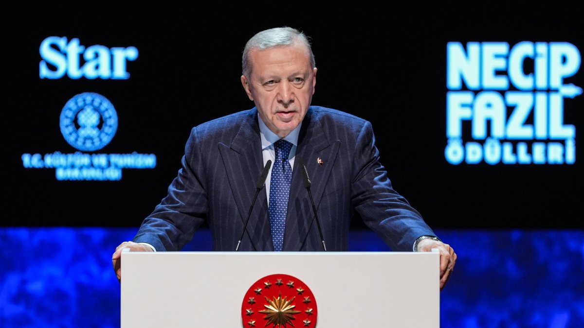 President Recep Tayyip Erdoğan speaks at the Necip Fazıl Awards ceremony at Atatürk Cultural Center in Istanbul, Jan. 3, 2025. (AA Photo)