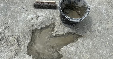 Dinosaur tracks are seen in this undated photo provided by the University of Birmingham at Dewars Farm Quarry, Oxfordshire, U.K., Jan. 2, 2025. (AP Photo)