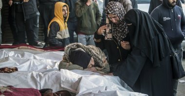 Palestinian women mourn during the funeral of their relatives killed by Israeli airstrikes, in Al Aqsa Martyrs Hospital, Deir al-Balah, Gaza Strip, Palestine, Jan. 3, 2025. (EPA Photo)