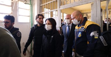 French Foreign Minister Jean-Noel Barrot (2-R) and German Foreign Minister Annalena Baerbock visit the Saydnaya prison, accompanied by members of Syrian rescuers known as the White Helmets, Damascus, Syria, Jan. 3, 2025. (AFP Photo)