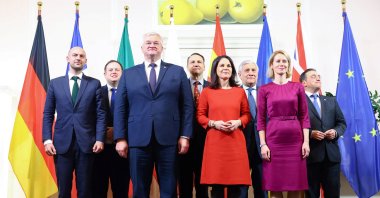 German Foreign Minister Annalena Baerbock, French Foreign Minister Jean-Noel Barrot, Polish Foreign Minister Radoslaw Sikorski, Italian Foreign Minister Antonio Tajani, Spanish Foreign Minister Jose Manuel Albares, Ukrainian Foreign Minister Andrii Sybiha, Britain&#039;s Minister of State Stephen Doughty and High Representative of the European Union for Foreign Affairs and Security Policy Kaja Kallas pose for a family photo as they meet in Berlin, Germany, Dec. 12, 2024. (Reuters File Photo)