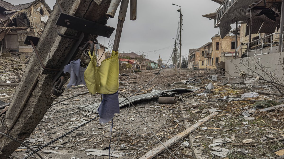 A central street covered in debris from destroyed residential buildings after Russian bombing in Kurakhove, Donetsk region, Ukraine, Nov. 7, 2024. (AP Photo)