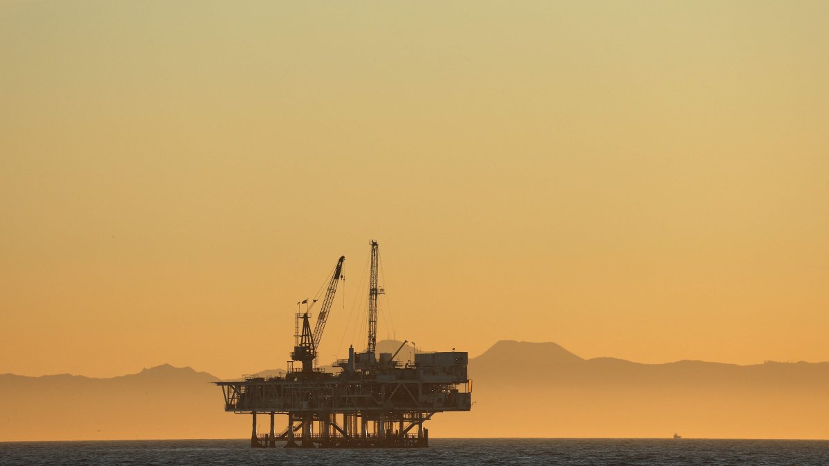 A gull flies with offshore oil and gas platform Esther in the distance in Seal Beach, California, U.S., Jan. 5, 2025. (AFP Photo)