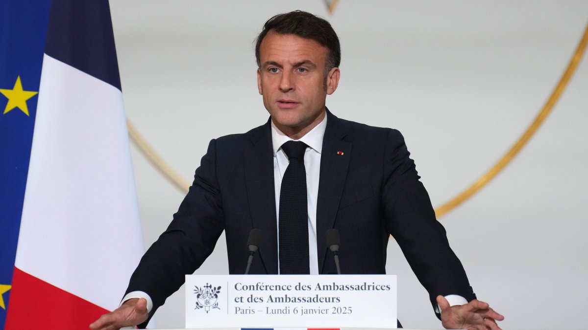 French President Emmanuel Macron delivers his speech to French ambassadors posted around the world, at the Elysee Palace in Paris, France, Jan. 6, 2025.  (EPA Photo)