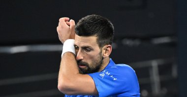 Serbia&#039;s Novak Djokovic gestures during his quarterfinals match against Reilly Opelka of USA at the Brisbane International tennis tournament, Brisbane, Australia, Jan. 3, 2025. (EPA Photo)