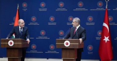 Foreign Minister Hakan Fidan (R) speaks at a joint news conference with his Jordanian counterpart Ayman Safadi, Ankara, Türkiye, Dec. 6, 2024. (AA Photo)