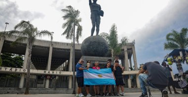 Argentine tourists pose for pictures in front of the Maracana stadium in Rio de Janeiro, Brazil, Jan. 3, 2025. (Reuters Photo)