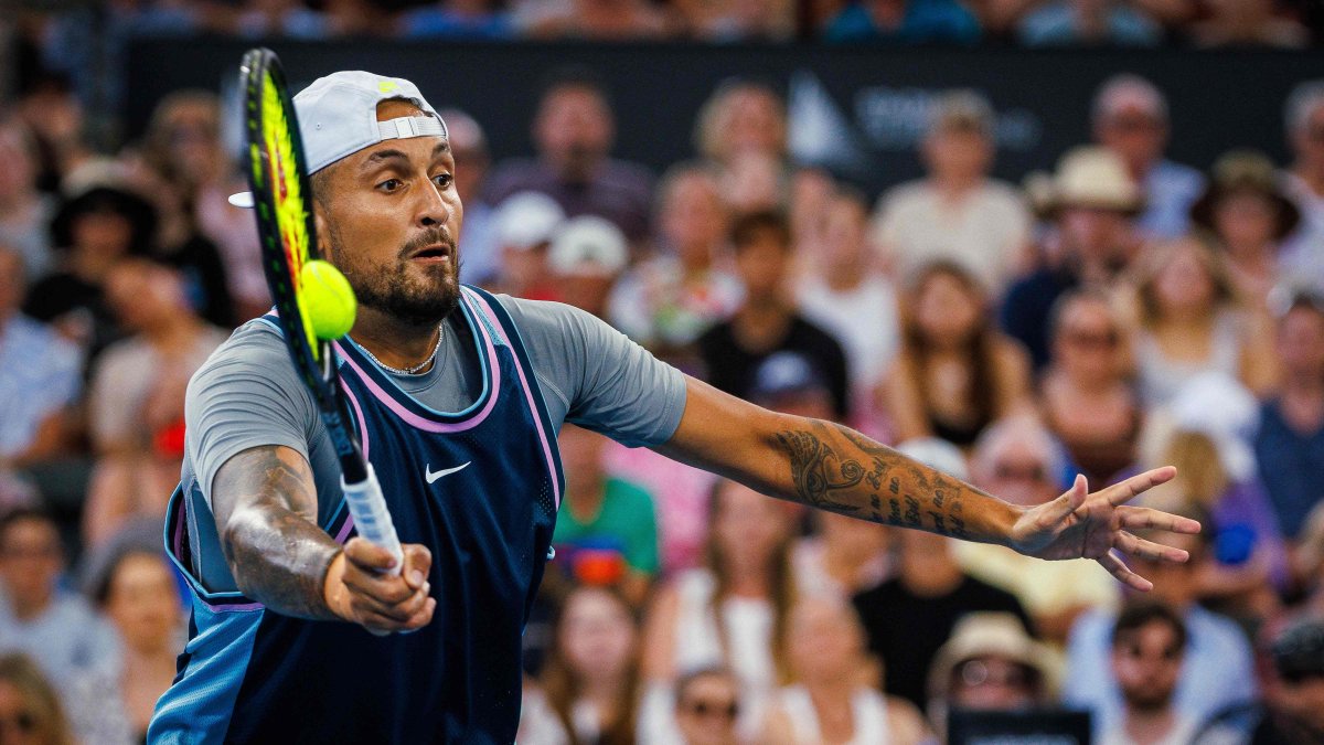 Australia&#039;s Nick Kyrgios hits a return during the men&#039;s doubles match against Michael Venus of New Zealand and Nikola Mektic of Croatia at the Brisbane International, Brisbane, Australia, Jan. 1, 2025. (AFP Photo)