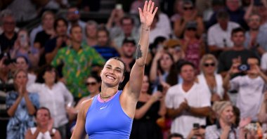 Belarus&#039; Aryna Sabalenka celebrates defeating Russia&#039;s Polina Kudermetova in their women&#039;s singles final match at the Brisbane International tennis tournament on Pat Rafter Arena, Brisbane, Australia, Jan. 5, 2025. (AFP Photo)