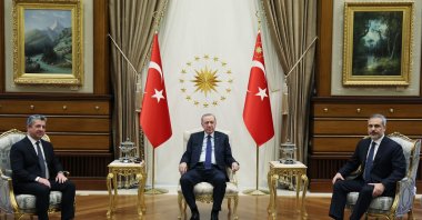 President Recep Tayyip Erdoğan and Foreign Minister Hakan Fidan (R) meet with Iraq&#039;s Kurdistan Regional Government (KRG) Prime Minister Masrour Barzani (L) at the Presidential Complex, Ankara, Türkiye, Jan. 7, 2025. (AA Photo)