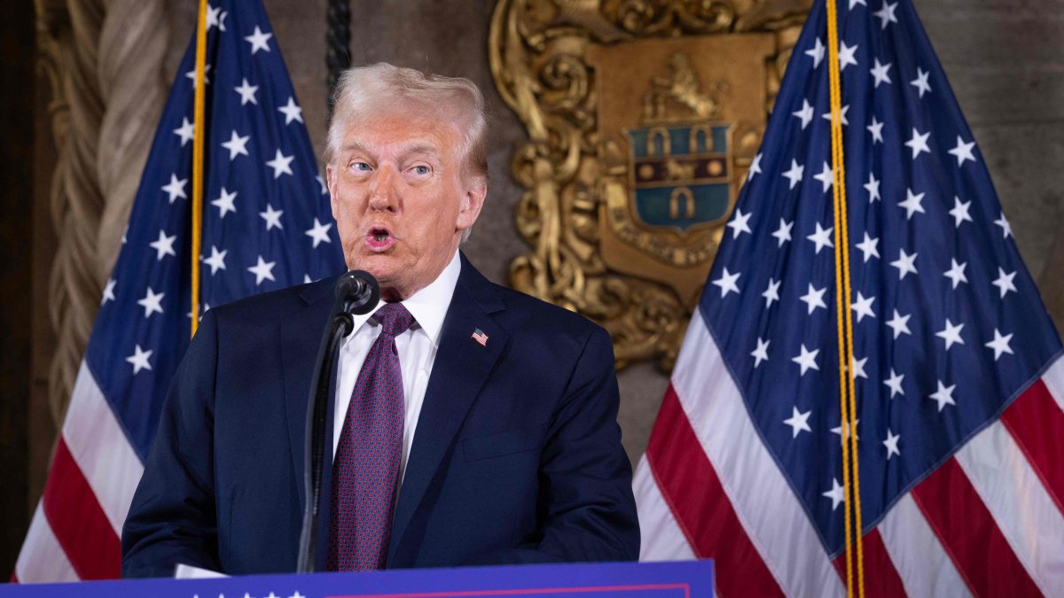 U.S. President-elect Donald Trump speaks to members of the media during a press conference at the Mar-a-Lago Club, in Palm Beach, Florida, Jan. 07, 2025. (AFP Photo)