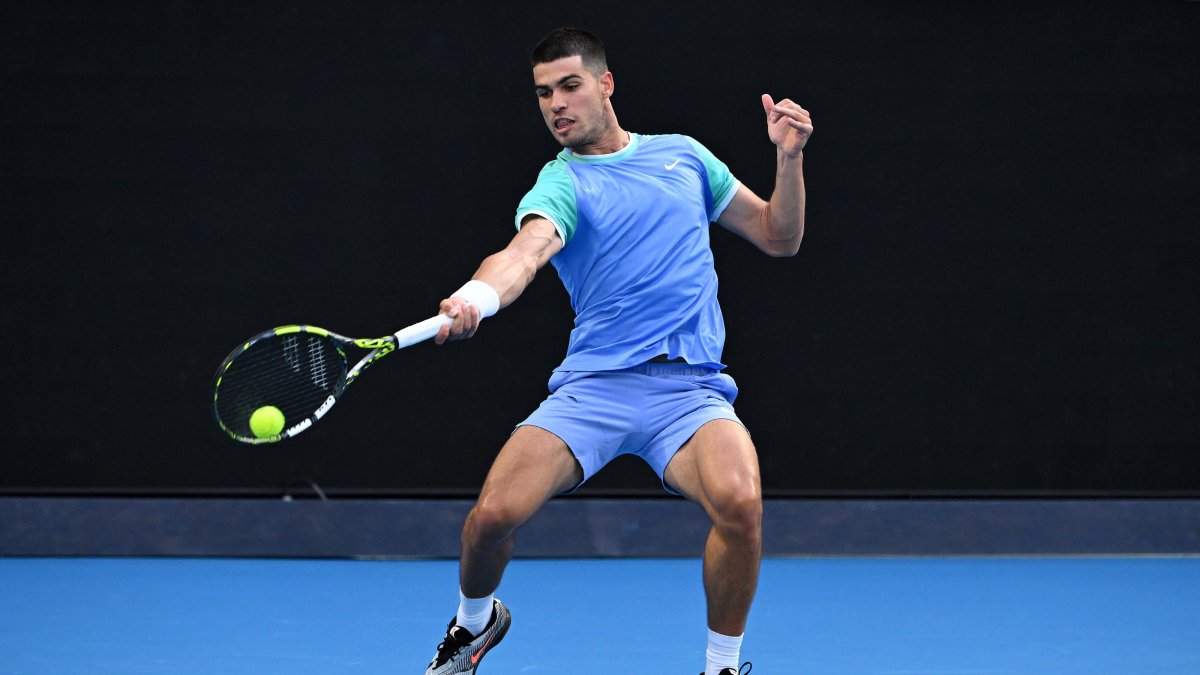 Spain&#039;s Carlos Alcaraz in action during a charity match against Australia&#039;s Alex de Minaur at Rod Laver Arena, Melbourne, Australia, Jan. 8, 2025. (EPA Photo)