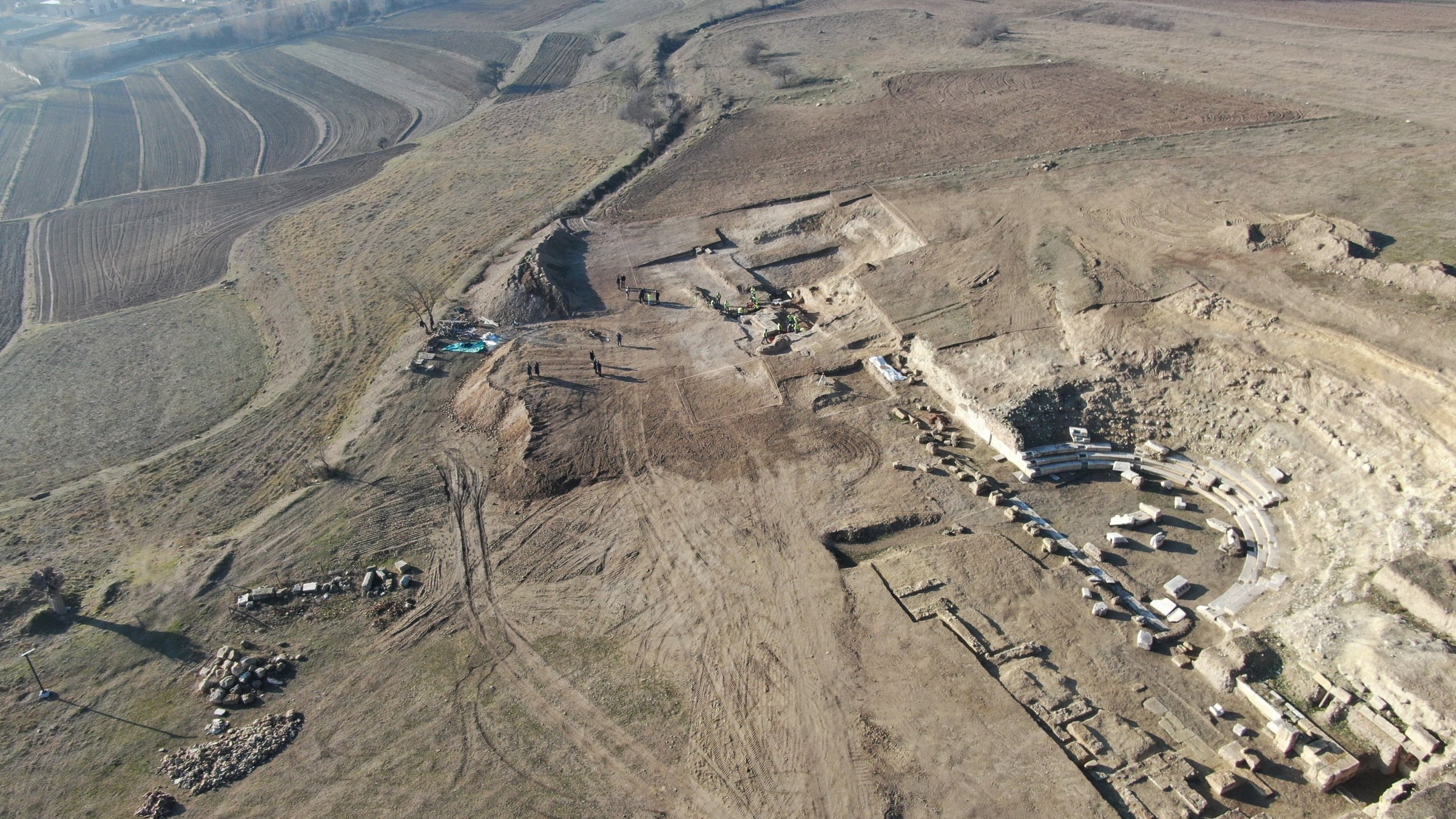 An aerial view of the ancient city of Pompeipolis, located in the Taşköprü district of Kastamonu, Türkiye, Jan. 8, 2025. (IHA Photo)