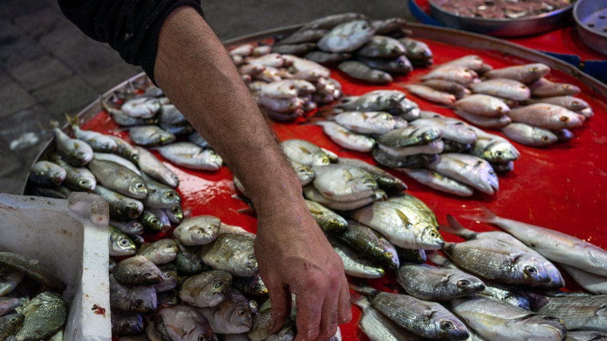 A fishmonger arranges a catch for sale at a market in Izmir, Türkiye, May 19, 2023. (Getty Images)