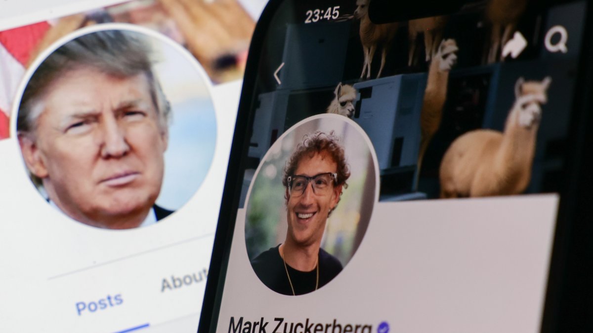 Donald Trump&#039;s Facebook account displayed on a laptop screen and Mark Zuckerberg&#039;s account on Facebook displayed on a phone screen in this illustration photo, Krakow, Poland, Jan. 7, 2025. (Reuters Photo)