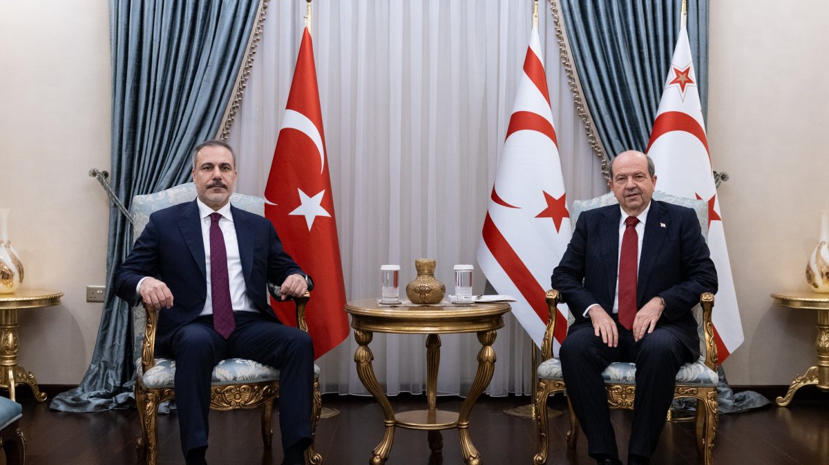 Foreign Minister Hakan Fidan and Republic of Turkish Cyprus (TRNC) President Ersin Tatar attend a meeting in Lefkoşa, Jan. 8, 2025. (AA Photo)