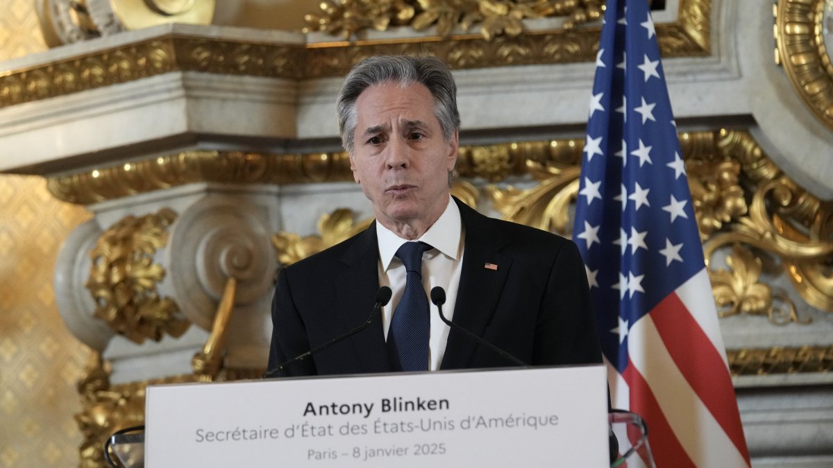 U.S. Secretary of State Antony Blinken delivers a speech after his meeting with French Foreign Minister Jean-Noel Barrot, in Paris, France, Jan. 8, 2025. (EPA Photo)