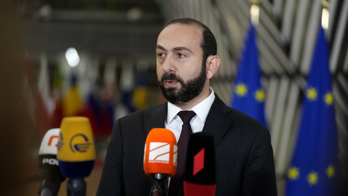 Armenia's Foreign Minister Ararat Mirzoyan speaks with the media as he arrives for a meeting of EU foreign ministers and Eastern Partnership at the European Council building in Brussels, Monday, Dec. 11, 2023. (AP File Photo)