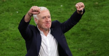 France&#039;s head coach Didier Deschamps celebrates after winning the UEFA Euro 2024 quarterfinal match between Portugal and France at the Volksparkstadion, Hamburg, Germany, July 5, 2024. (AFP Photo)