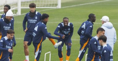 Real Madrid's Vinicius Jr. (C) attends the team's training session held at Valdebebas sports complex, Madrid, Spain, Jan. 5, 2025. (EPA Photo)