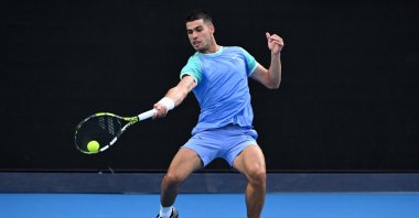 Spain's Carlos Alcaraz in action during a charity match against Australia's Alex de Minaur at Rod Laver Arena, Melbourne, Australia, Jan. 8, 2025. (EPA Photo)
