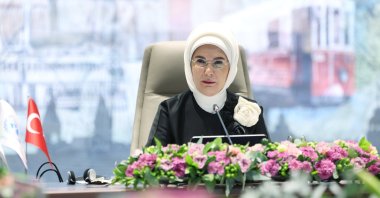 First lady Emine Erdoğan delivers a speech at the U.N. Zero Waste High-Level Advisory Board meeting, Istanbul, Türkiye, Dec. 13, 2024. (AA Photo)