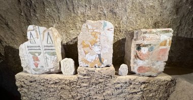 An artefact is displayed inside the tomb of Jehuti-Mes, that was discovered by archaeologists from the Ministry of Tourism and Antiquities along with the staff of Zahi Hawass' archaeological and heritage mission, near the Queen Hatshepsut Valley Temple in Deir El-Bahari on the Nile's west bank in Luxor, Egypt, Jan. 8, 2025. (Reuters Photo)
