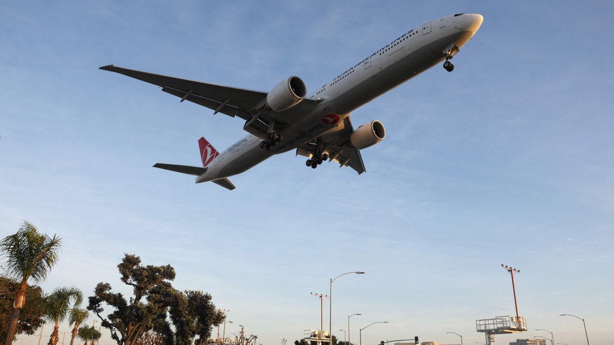 People watch a Turkish Airlines plane landing from a park next to Los Angeles International Airport (LAX) following the Christmas holiday, Los Angeles, U.S., Dec. 26, 2024. (AFP Photo)