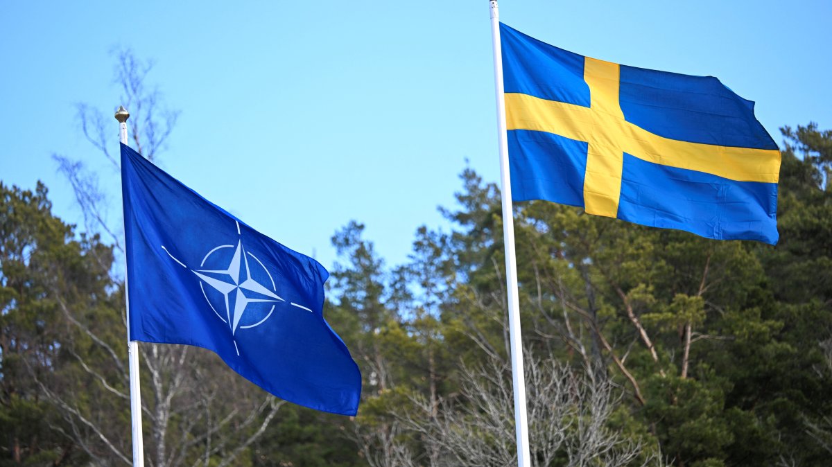 The NATO flag is raised next to the Swedish one at the Musko Naval base near Stockholm, Sweden, March 11, 2024. (Reuters Photo)