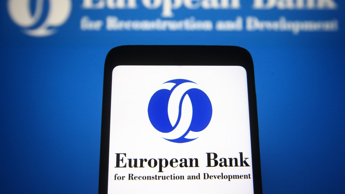 In this photo illustration, the European Bank for Reconstruction and Development (EBRD) logo is seen on a smartphone screen, Nov. 4, 2021. (Reuters Photo)