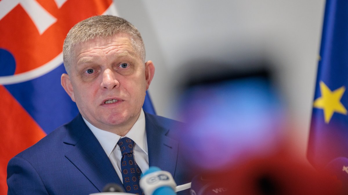 Slovakia&#039;s Prime Minister Robert Fico addresses a news conference in the Slovak permanent representation in Brussels, Belgium, Jan. 9, 2025. (EPA Photo)