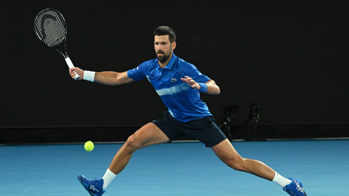 Novak Djokovic of Serbia in action during a one-set match against Alexander Zverev of Germany in the &quot;A Night With Novak&quot; charity tennis event in Melbourne, Australia, Jan. 9, 2025. (EPA Photo)