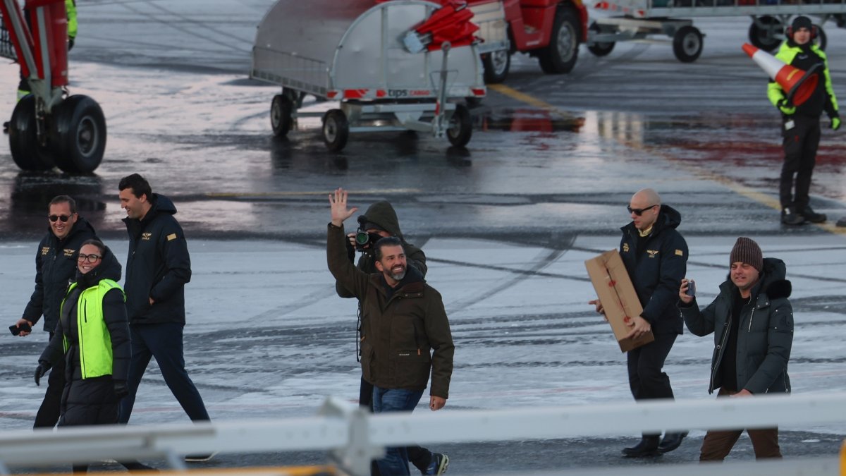 Donald Trump Jr., center, gestures as he arrives in Nuuk, Greenland, Tuesday, Jan. 7, 2025. (AP File Photo)