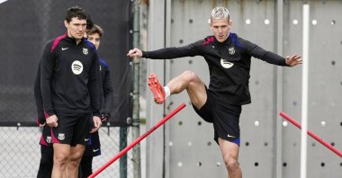 Barcelona's Dani Olmo (R) and Andreas Christensen participate in a training session of the team, Barcelona, Spain, Jan. 3, 2025. (EPA Photo)
