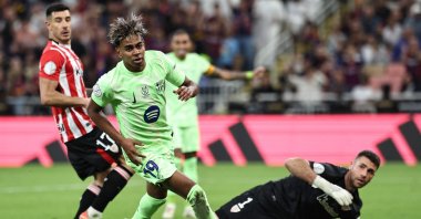 Barcelona's Lamine Yamal celebrates scoring his team's second goal during the Spanish Super Cup semifinal football match against Athletic Bilbao at the King Abdullah Sports City, Jeddah, Saudi Arabia, Jan. 8, 2025. (AFP Photo)