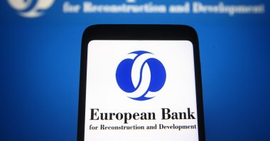 In this photo illustration, the European Bank for Reconstruction and Development (EBRD) logo is seen on a smartphone screen, Nov. 4, 2021. (Reuters Photo)