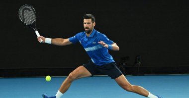 Novak Djokovic of Serbia in action during a one-set match against Alexander Zverev of Germany in the &quot;A Night With Novak&quot; charity tennis event in Melbourne, Australia, Jan. 9, 2025. (EPA Photo)