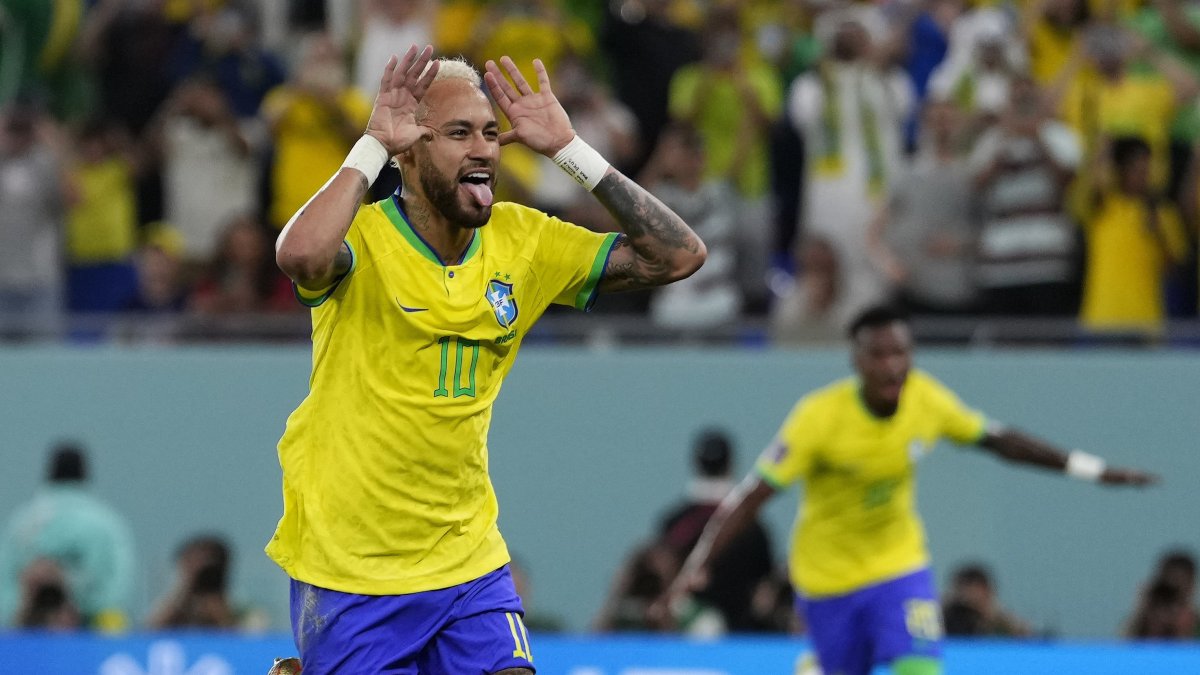 Brazil&#039;s Neymar celebrates after scoring his side&#039;s second goal during the World Cup round of 16 match between Brazil and South Korea, at Stadium 974, Al Rayyan, Qatar, Dec. 5, 2022. (AP Photo)