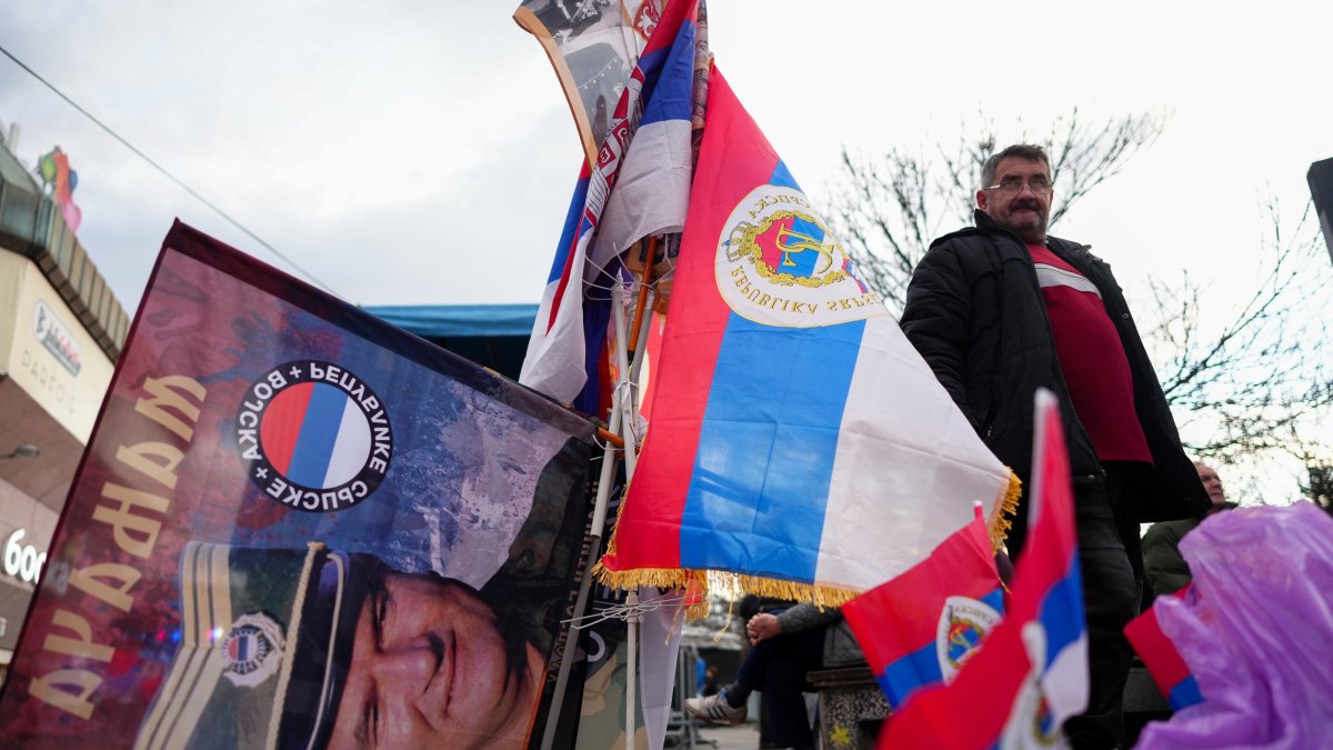 A man sells a flag depicting Bosnian Serb wartime commander Ratko Mladic, ahead of the parade marking the 33rd anniversary of the &#039;Day of Republika Srpska&#039;, Banja Luka, Bosnia-Herzegovina, Jan. 9, 2025. (EPA Photo)