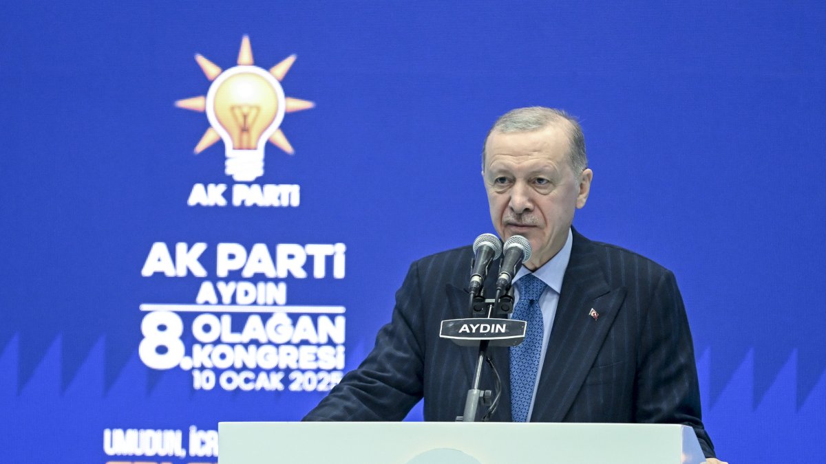 President Recep Tayyip Erdoğan speaks at AK Party&#039;s 8th Ordinary Convention in Aydın province, Jan. 10, 2025. (AA Photo)