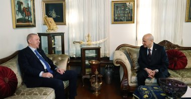President Recep Tayyip Erdoğan meets Nationalist Movement Party (MHP) leader Devlet Bahçeli (R) in the capital Ankara, Türkiye, Jan. 9, 2025. (IHA Photo)