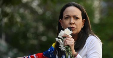 Venezuelan opposition leader Maria Corina Machado addresses supporters during a protest called by the opposition on the eve of the presidential inauguration, Caracas, Venezuela, Jan. 9, 2025. (AFP Photo)