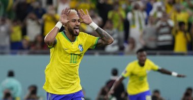 Brazil&#039;s Neymar celebrates after scoring his side&#039;s second goal during the World Cup round of 16 match between Brazil and South Korea, at Stadium 974, Al Rayyan, Qatar, Dec. 5, 2022. (AP Photo)