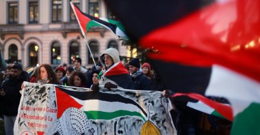 Supporters of the Health Workers 4 Palestine movement demonstrate in solidarity with Dr. Hussam Abu Safiya, director of Kamal Adwan Hospital in the Gaza Strip, in front of the European Parliament, Brussels, Belgium, Jan. 6, 2025. (EPA Photo)
