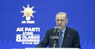 President Recep Tayyip Erdoğan speaks at AK Party&#039;s 8th Ordinary Convention in Aydın province, Jan. 10, 2025. (AA Photo)