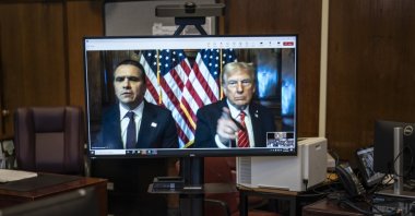 U.S. President-elect Donald Trump appears on a screen remotely for a sentencing hearing in the hush money case at New York Criminal Court in Manhattan in New York City, Jan. 10, 2025. (EPA Photo)