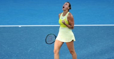 Belarus&#039; Aryna Sabalenka reacts after a point against U.S.&#039;s Sloane Stephens on day one of the Australian Open, in Melbourne, Australia, Jan. 12, 2025. (AFP Photo)